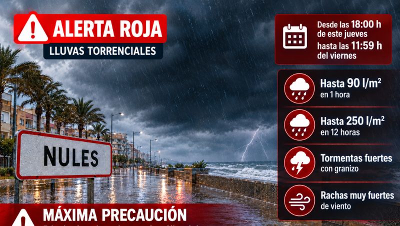 Nules entra en alerta roja: AEMET eleva al máximo nivel el aviso por lluvias y sitúa las horas más críticas entre esta tarde y el mediodía del viernes